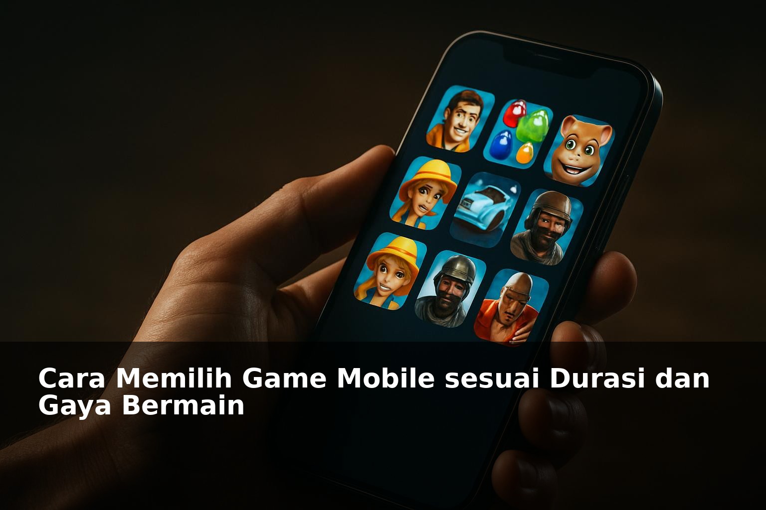 Ilustrasi memilih game mobile dengan grafik dan ikon permainan di layar smartphone