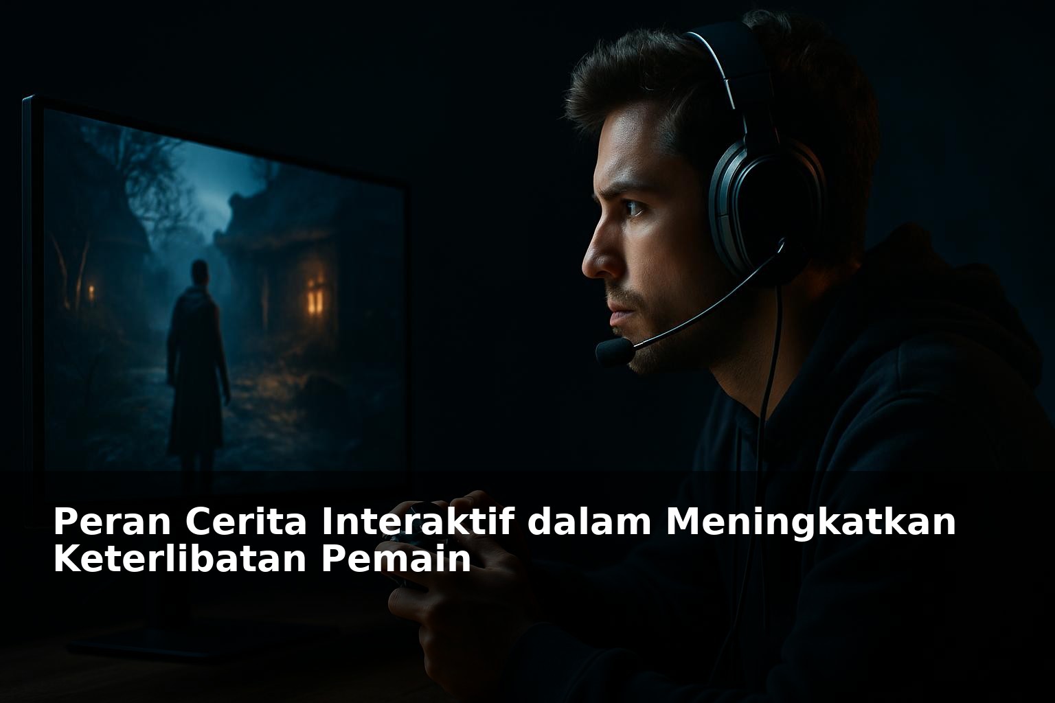 Ilustrasi pemain video game yang terlibat dalam cerita interaktif di layar