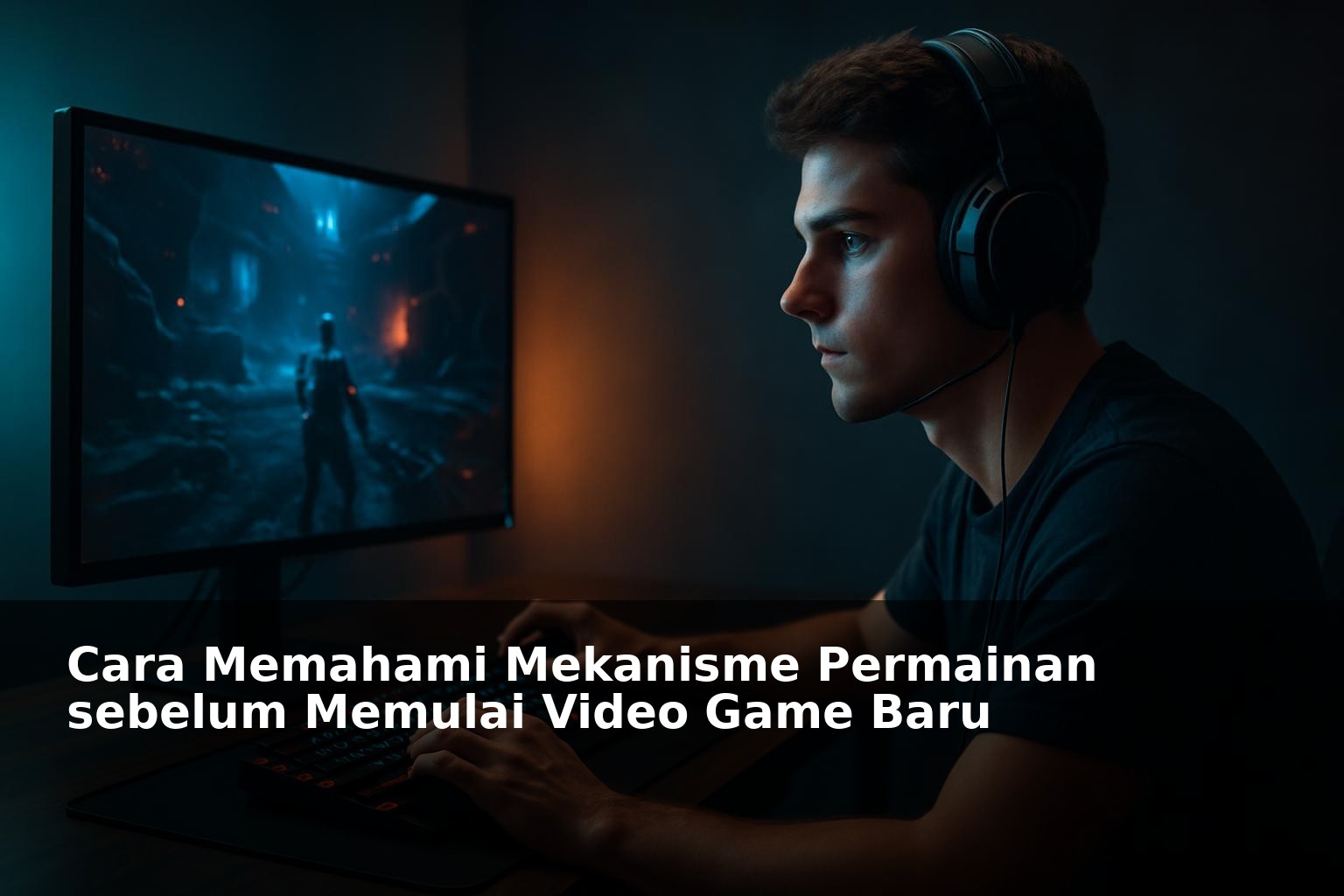 Ilustrasi gamer sedang memahami mekanisme permainan video game baru di depan layar monitor
