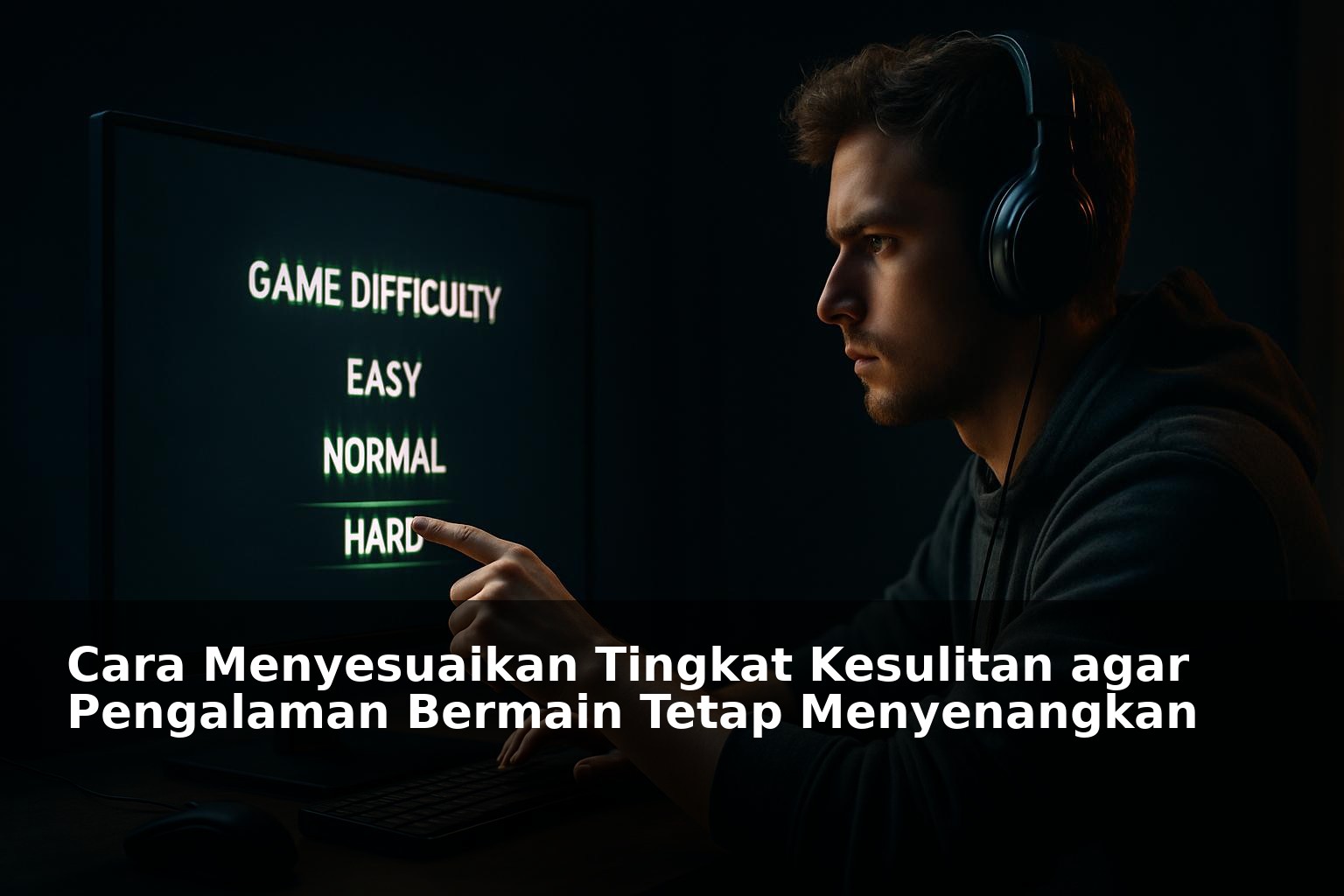 Gamer yang sedang menyesuaikan tingkat kesulitan game di layar monitor