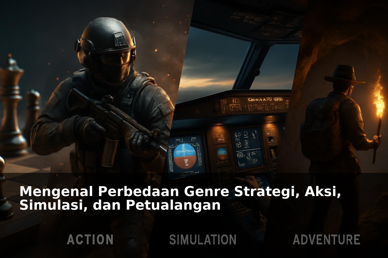 Ilustrasi genre video game strategi, aksi, simulasi, dan petualangan