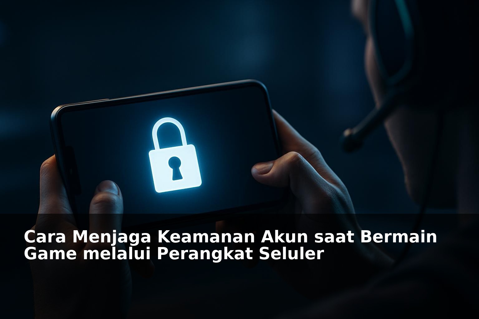 Ilustrasi keamanan akun game seluler dengan smartphone dan kunci digital