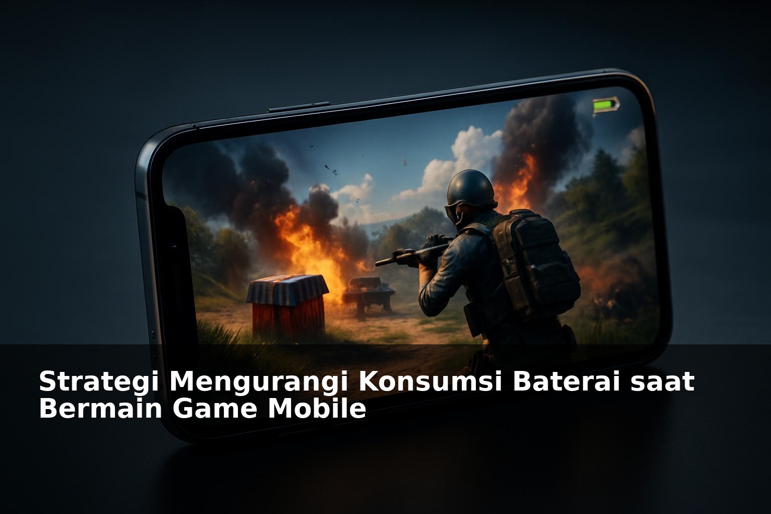 Smartphone dengan indikator baterai dan game mobile di layar