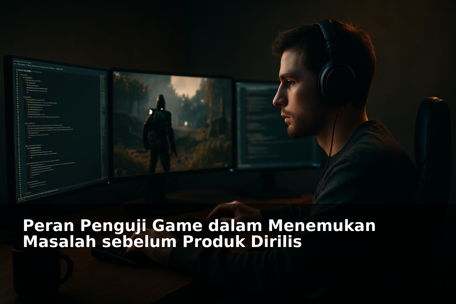 Ilustrasi penguji game sedang melakukan testing dengan perangkat komputer