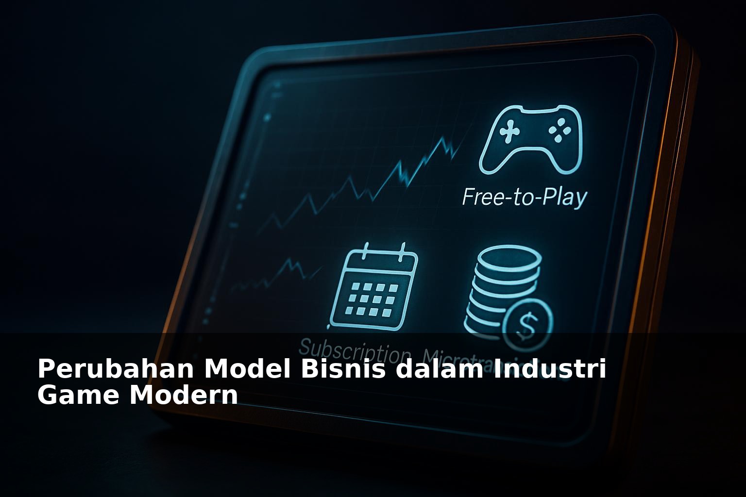 Ilustrasi perubahan model bisnis dalam industri game modern dengan latar belakang digital dan ikon game